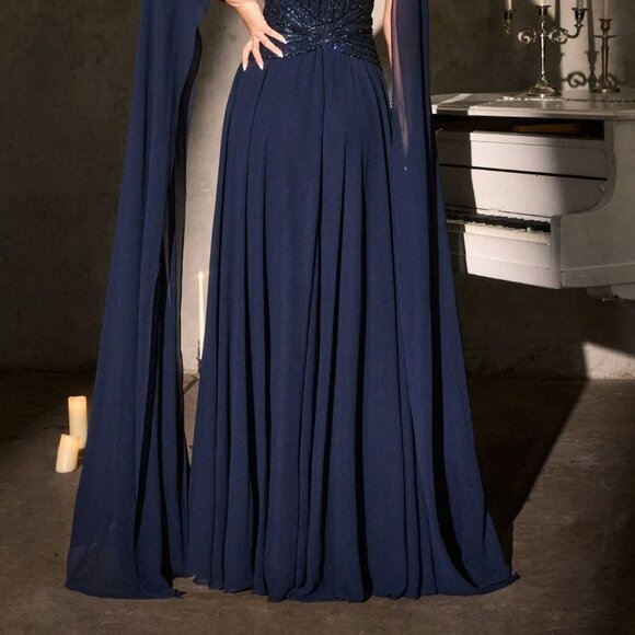 New Sequins Embellished Maxi Red Carpet Gown w/ Cape Sleeves & Boat Neck CD CL08 - Picture 7 of 10